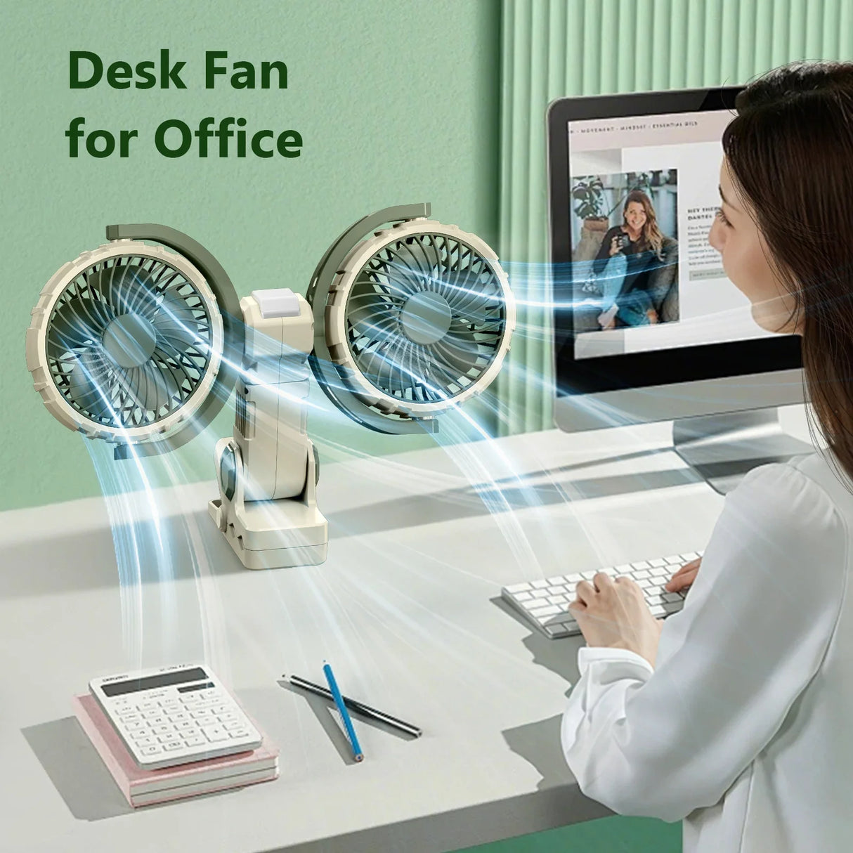 Hipacool Dual Head Car Clip Fan 4000mAh 3-Speed USB