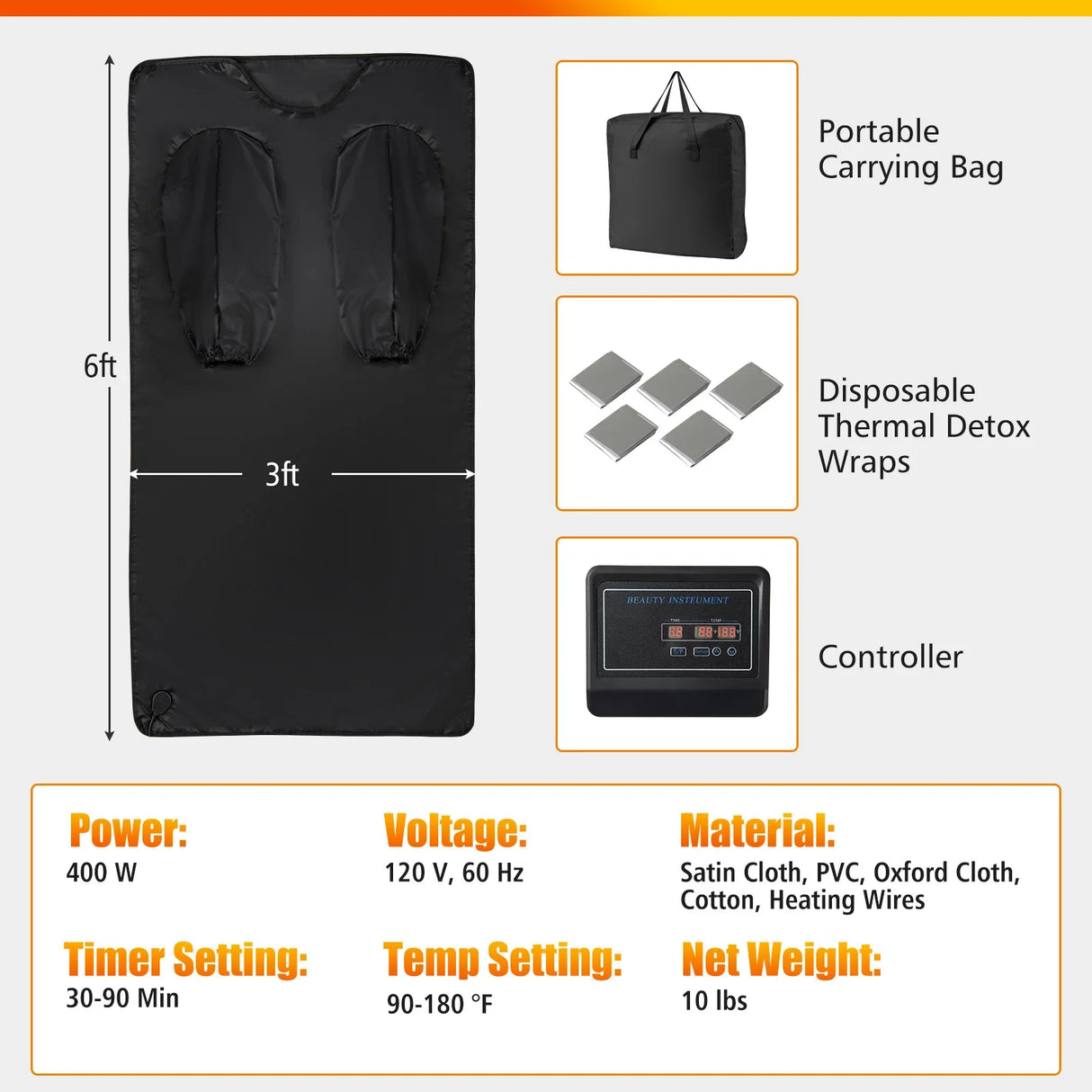 Infrared Sauna Blanket with Sleeves Heat Wrap 90-180°F Timer Home Spa