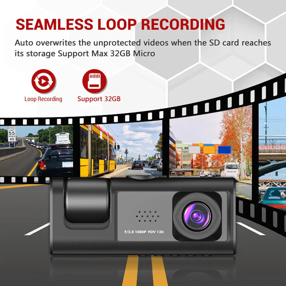 1080P Dash Cam with IR Night Vision and 3-Channel Recording