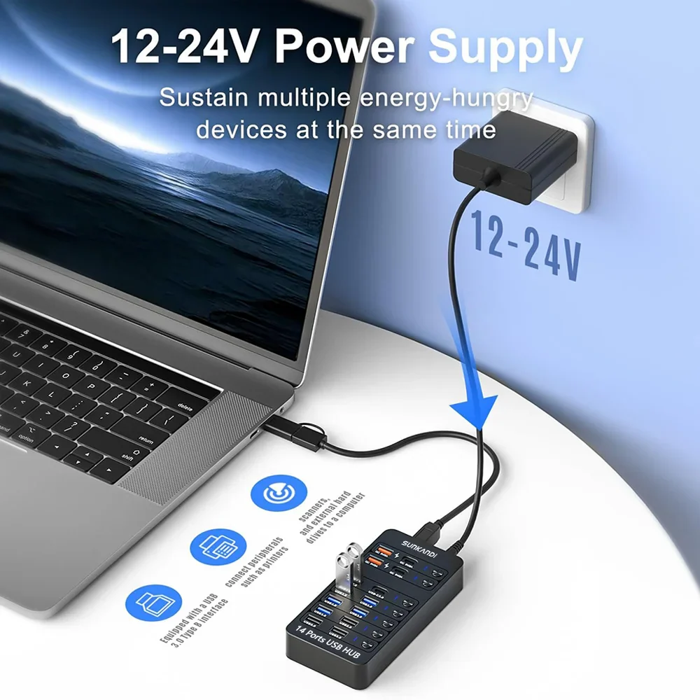 14 Port Powered USB Hub USB 3.0 USB C with Switch Charging for PC Laptop