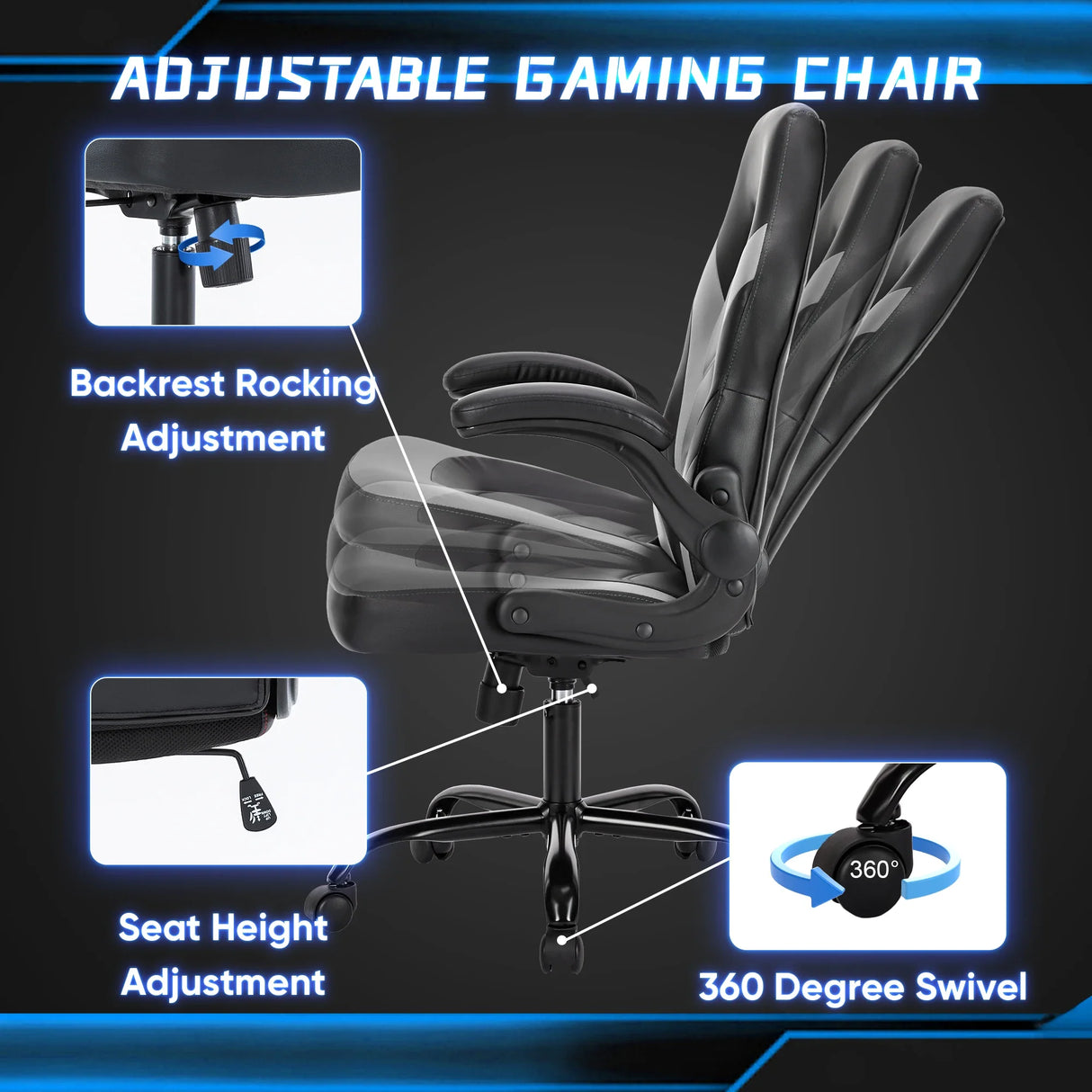 Ergonomic PU Leather Gaming Chair Adjustable Office Desk Chair Flip-Up Armrests