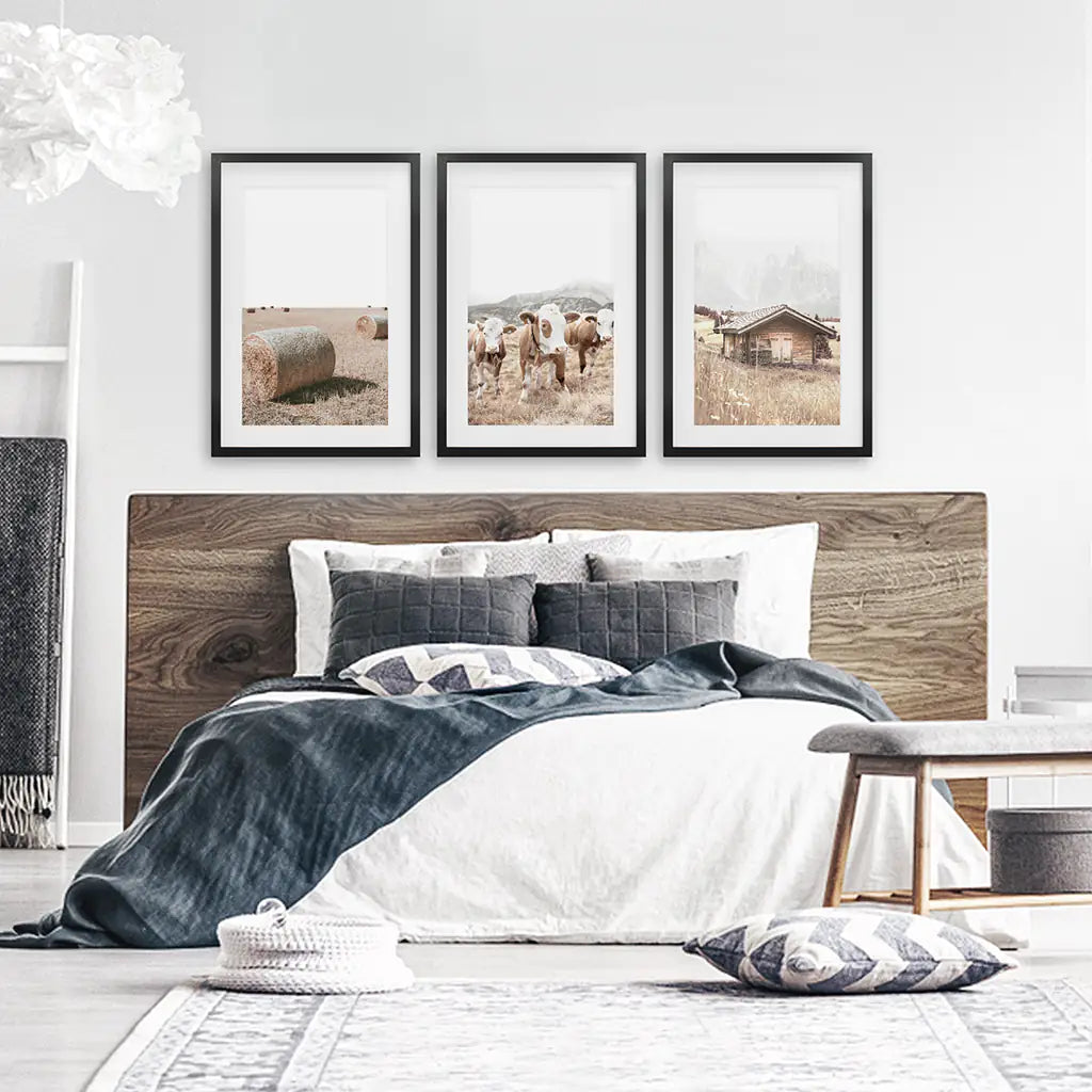 Rustic Fall Set of 3 Posters. Wooden Barn, Cows, Hay Bales