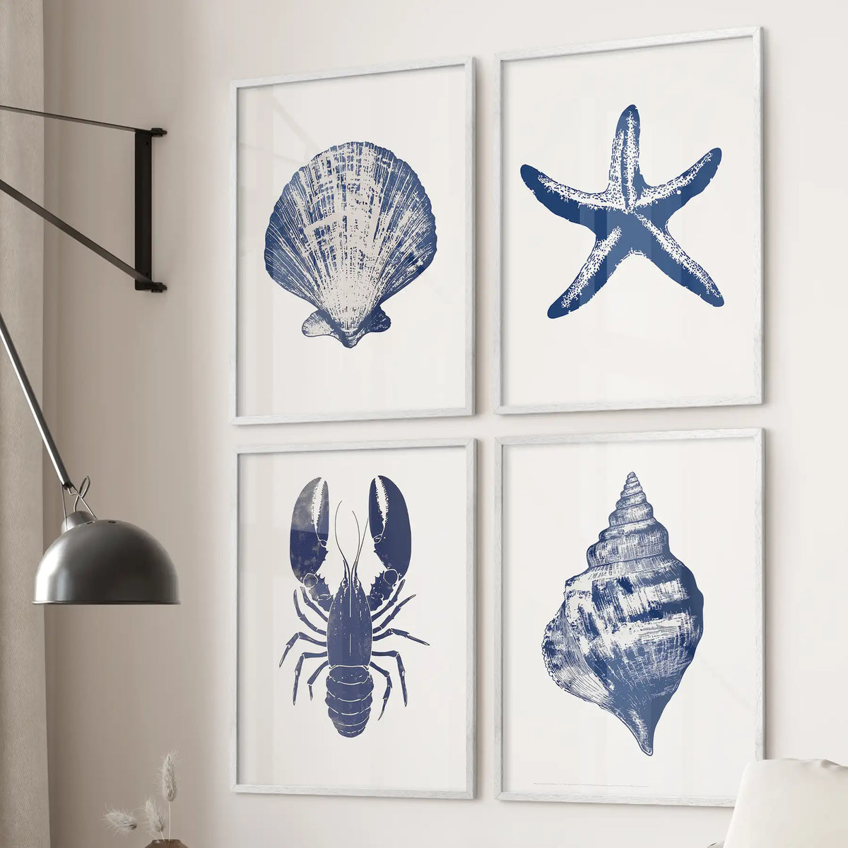 Set of 4 Art Prints. Starfish, Lobster, Seashell