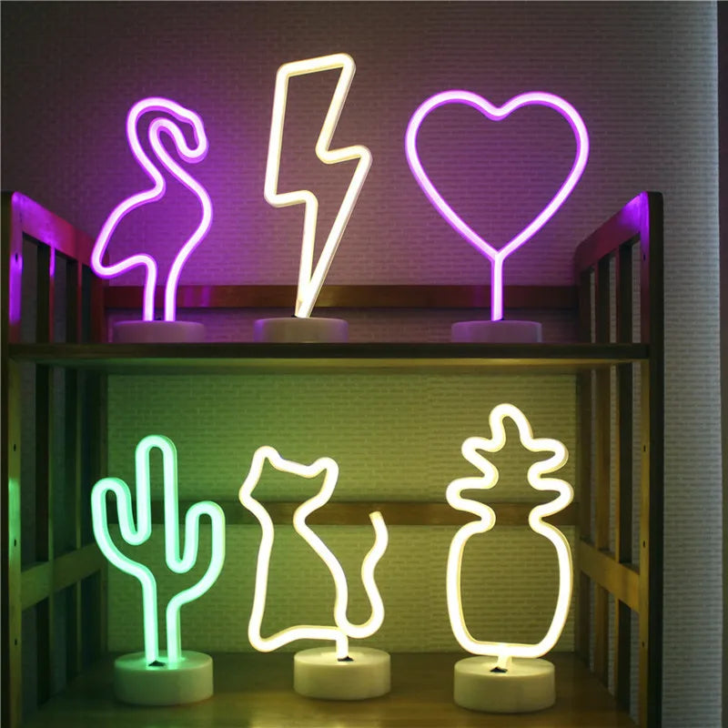 Neon Night Light USB Battery Table Lamp Flamingo Cactus Room Decor for Bedroom