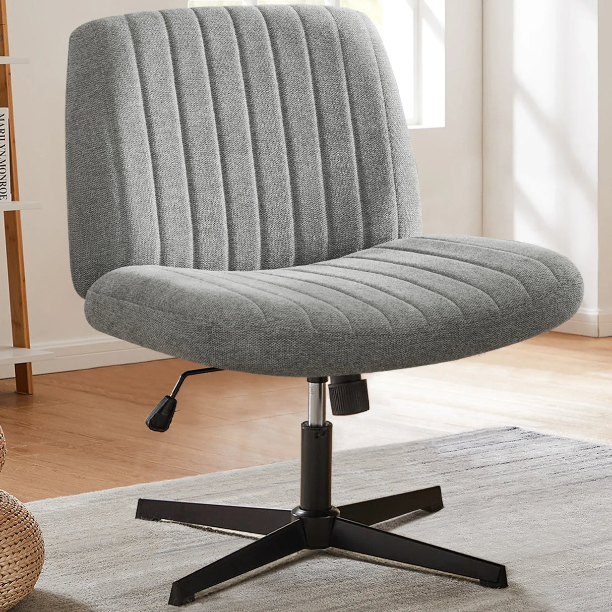 Cross Legged Office Chair Armless Wide Seat Swivel Fabric Desk Vanity Chair