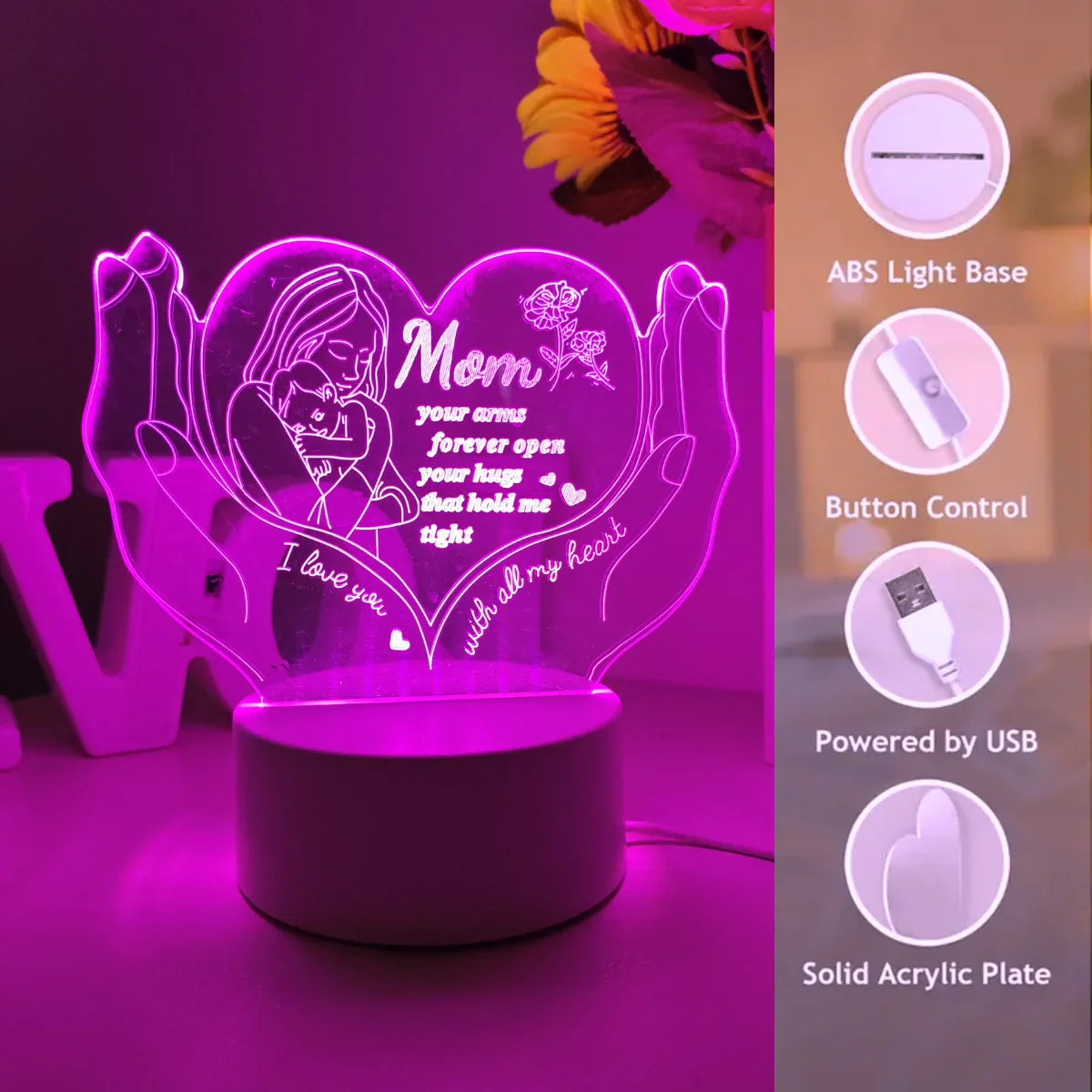 3D Heart Shaped Night Light – Creative LED Gift Lamp for Mom Mother’s Day