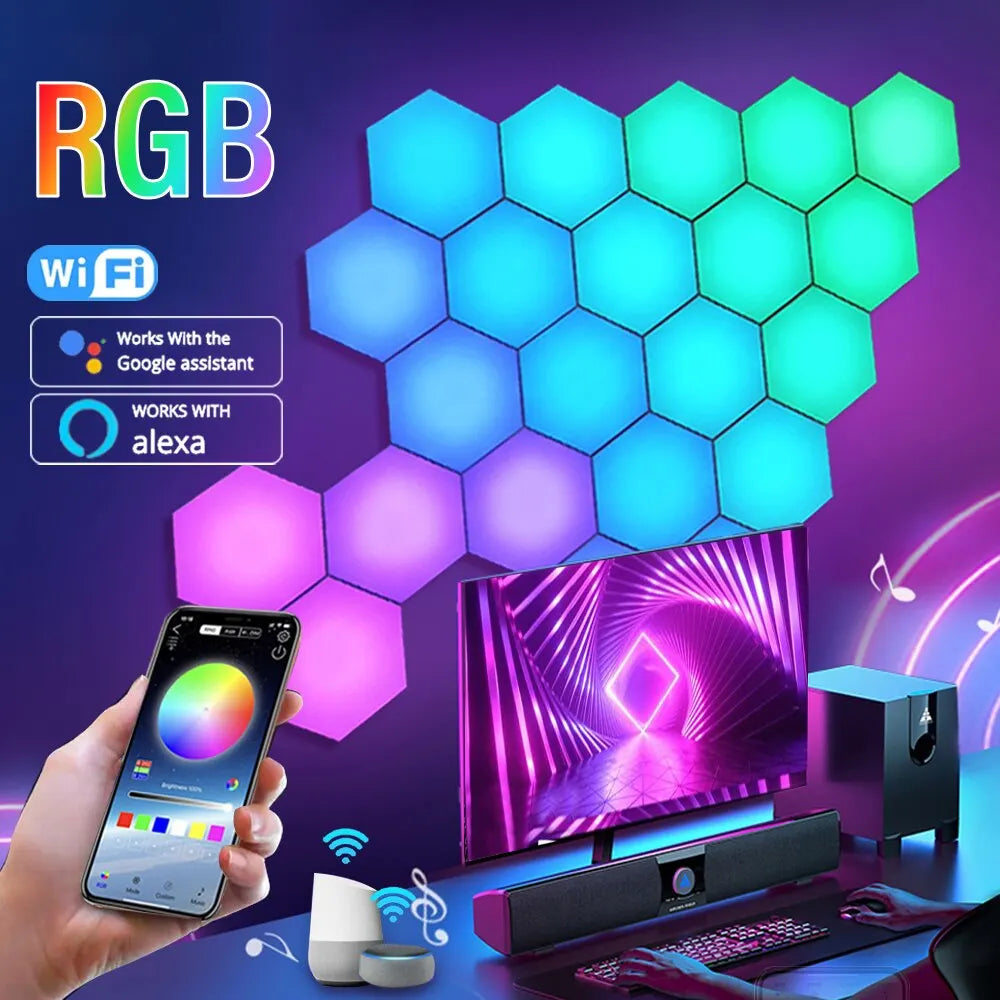 Hexagon LED Wall Lights RGB Panels with Music Sync App Control for Bedroom
