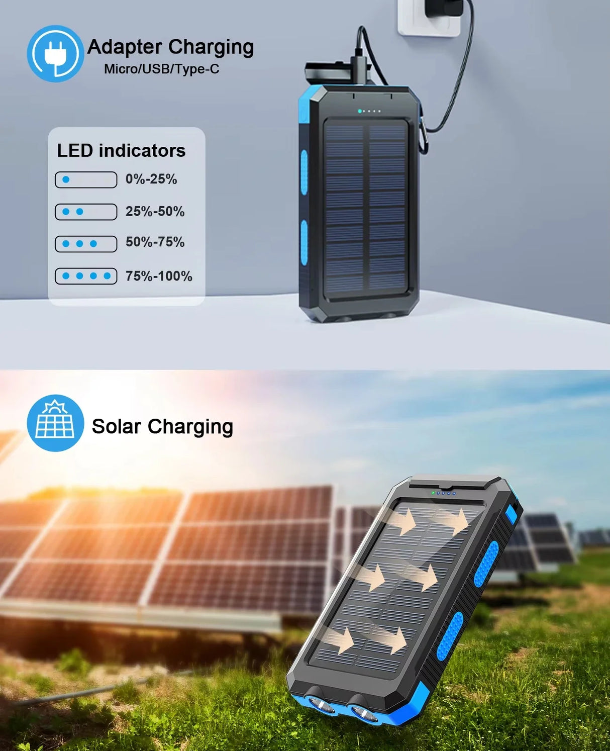Gaiaray 30000mAh Solar Power Bank Dual USB Waterproof LED Outdoor Travel Charger