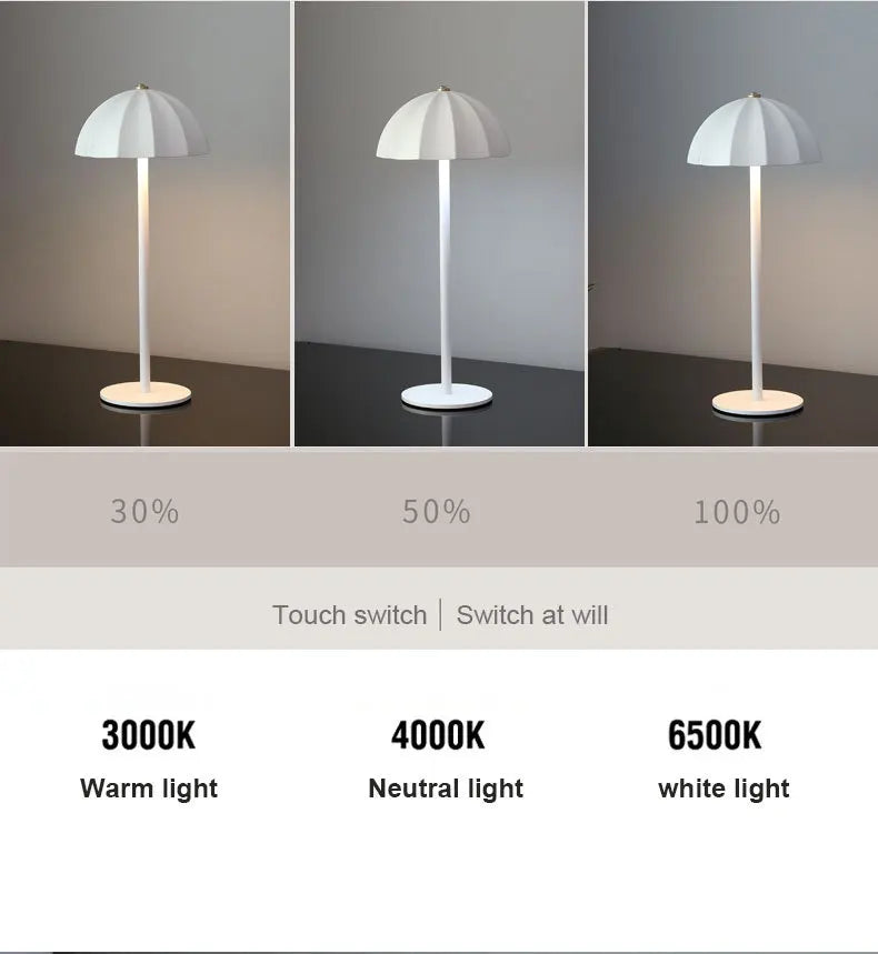 LED Metal Table Lamp Rechargeable Touch Dimmable Desk Lamp Umbrella Shade