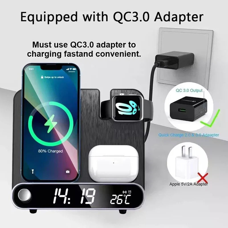 3-in-1 Wireless Charging Station with Alarm Clock Fast Charger for iPhone & Watch