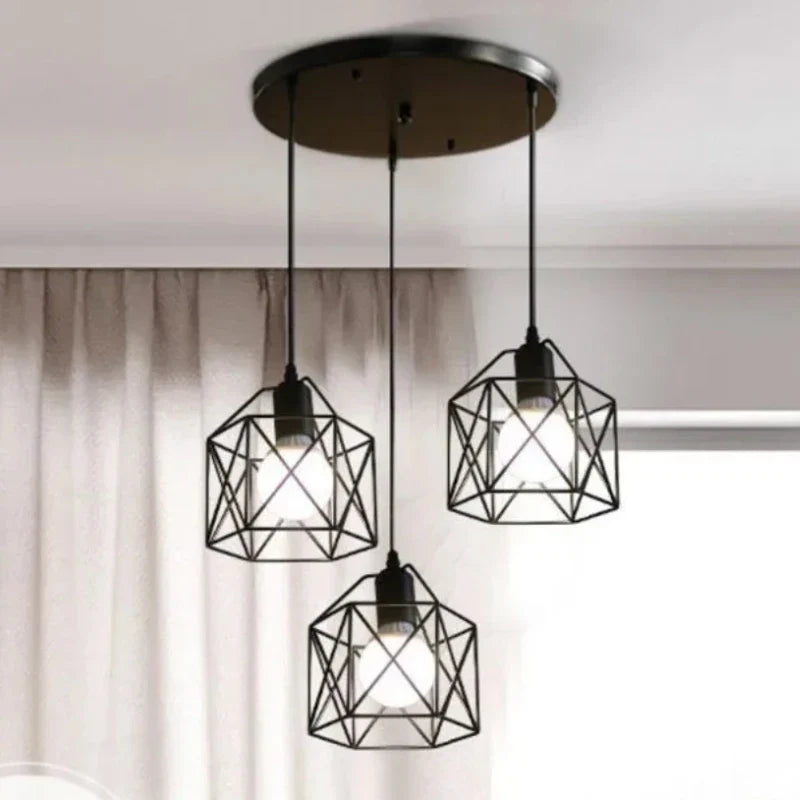Industrial LED Pendant Light – Modern Metal Cage Hanging Lamp for Dining Room
