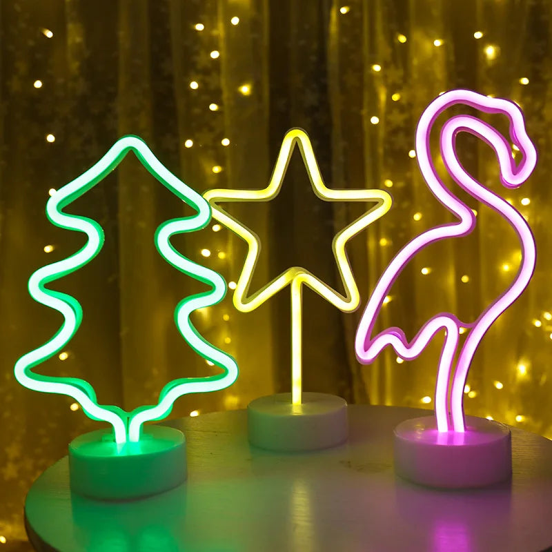 Neon Night Light USB Battery Table Lamp Flamingo Cactus Room Decor for Bedroom