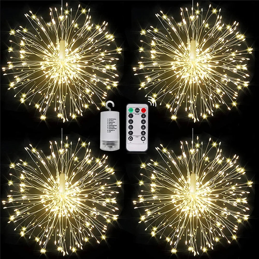 LED Firework Fairy Lights Copper Wire Starburst 8 Modes Remote Outdoor Decor