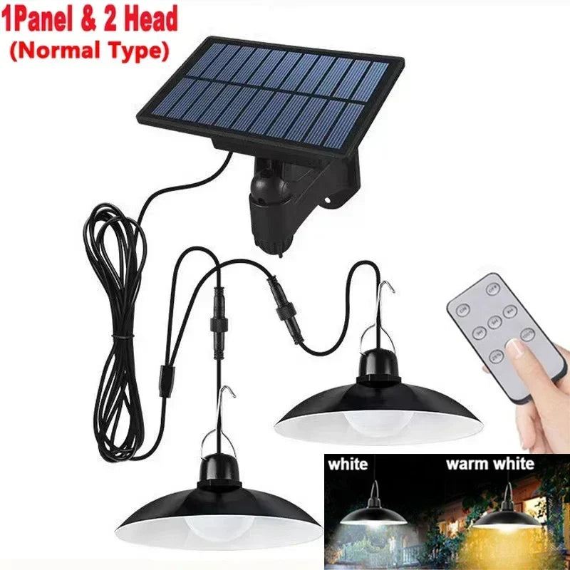 Solar Pendant Light Outdoor LED Double-Head Chandelier Waterproof Remote Lamp