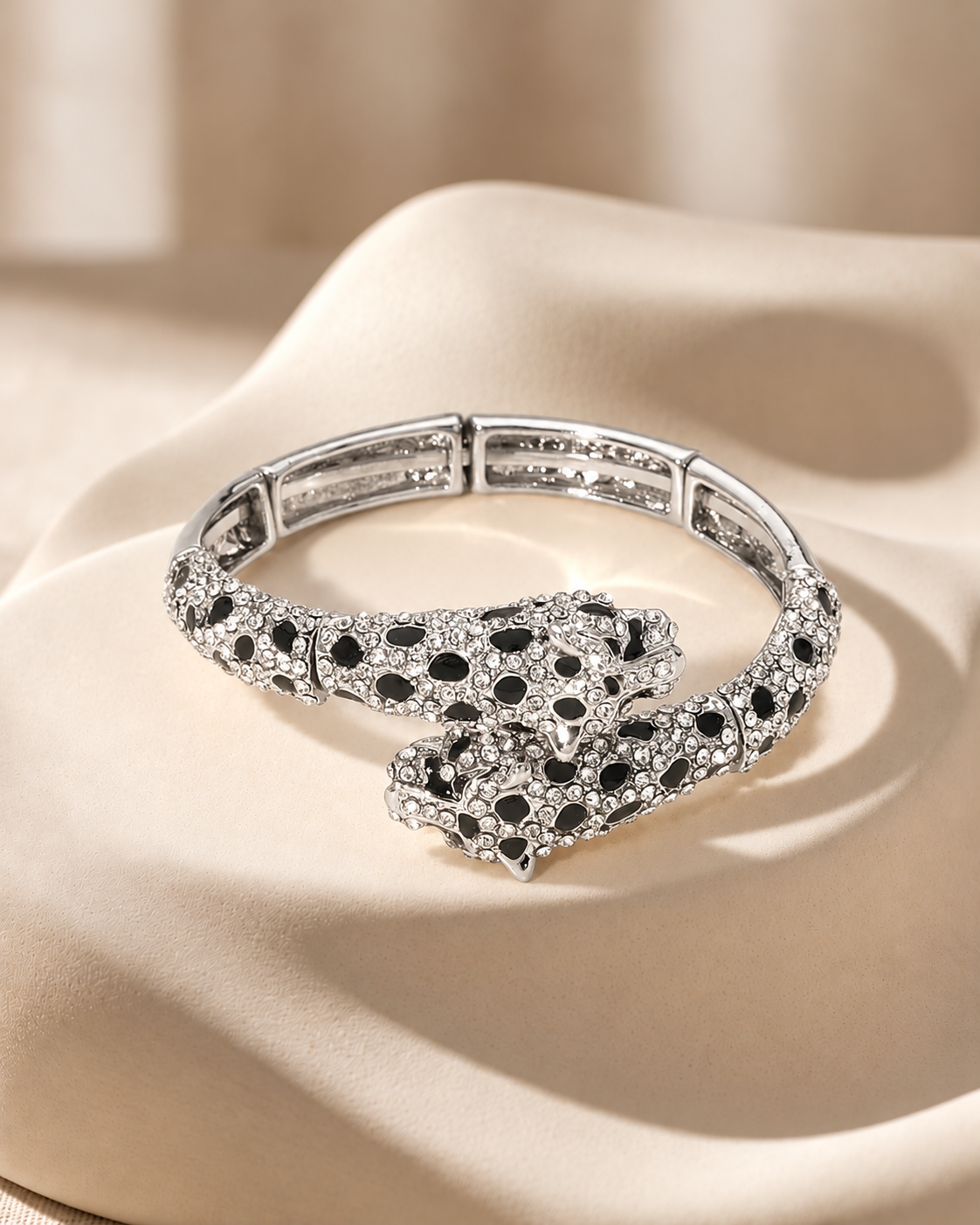 Wild Glam Rhinestone Leopard Head Tip Adjustable Bracelet