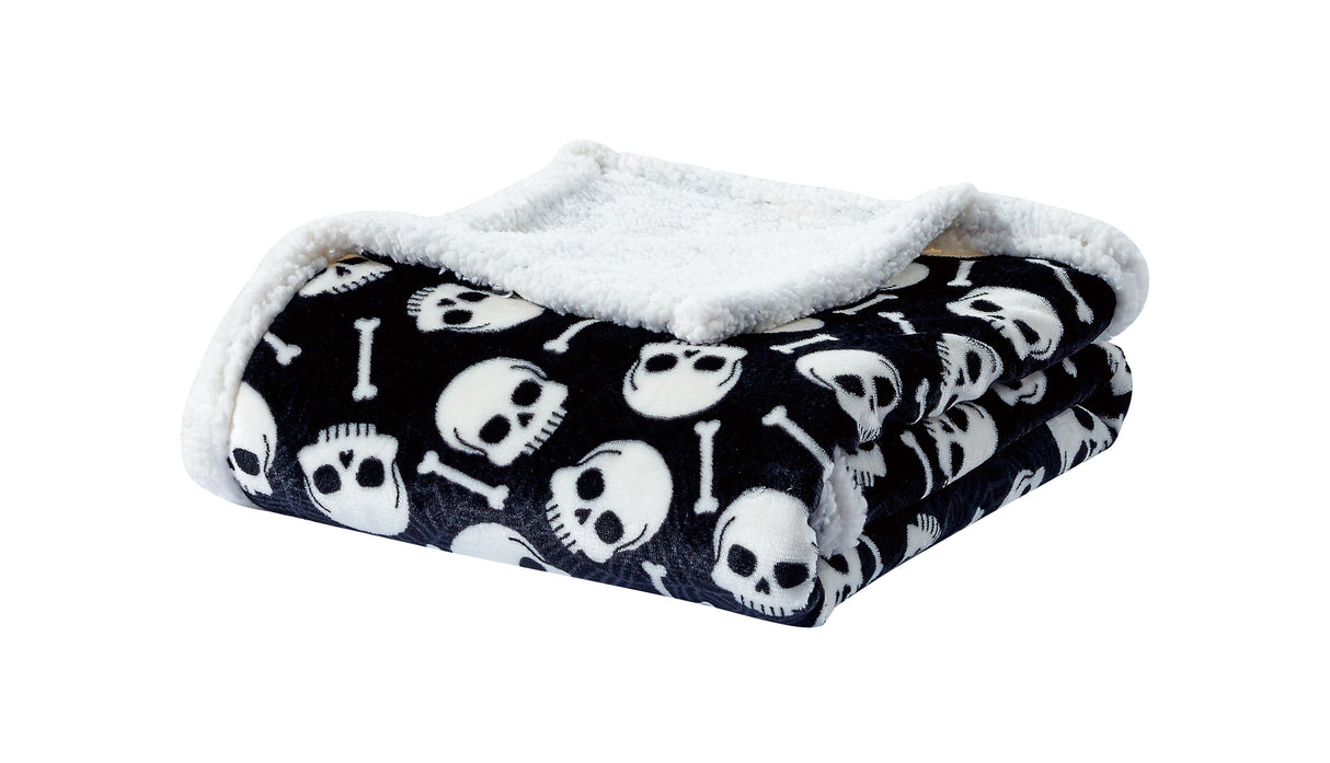 Skull & Bones Black Sherpa Throw Blanket Soft & Cozy Fleece, Gothic Skeleton Design, 50" x 60