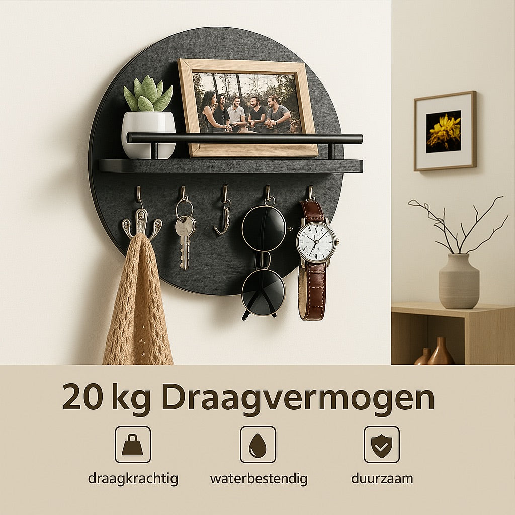 Round Wooden Key Holder Wall Mount Entryway Organizer Shelf Hooks