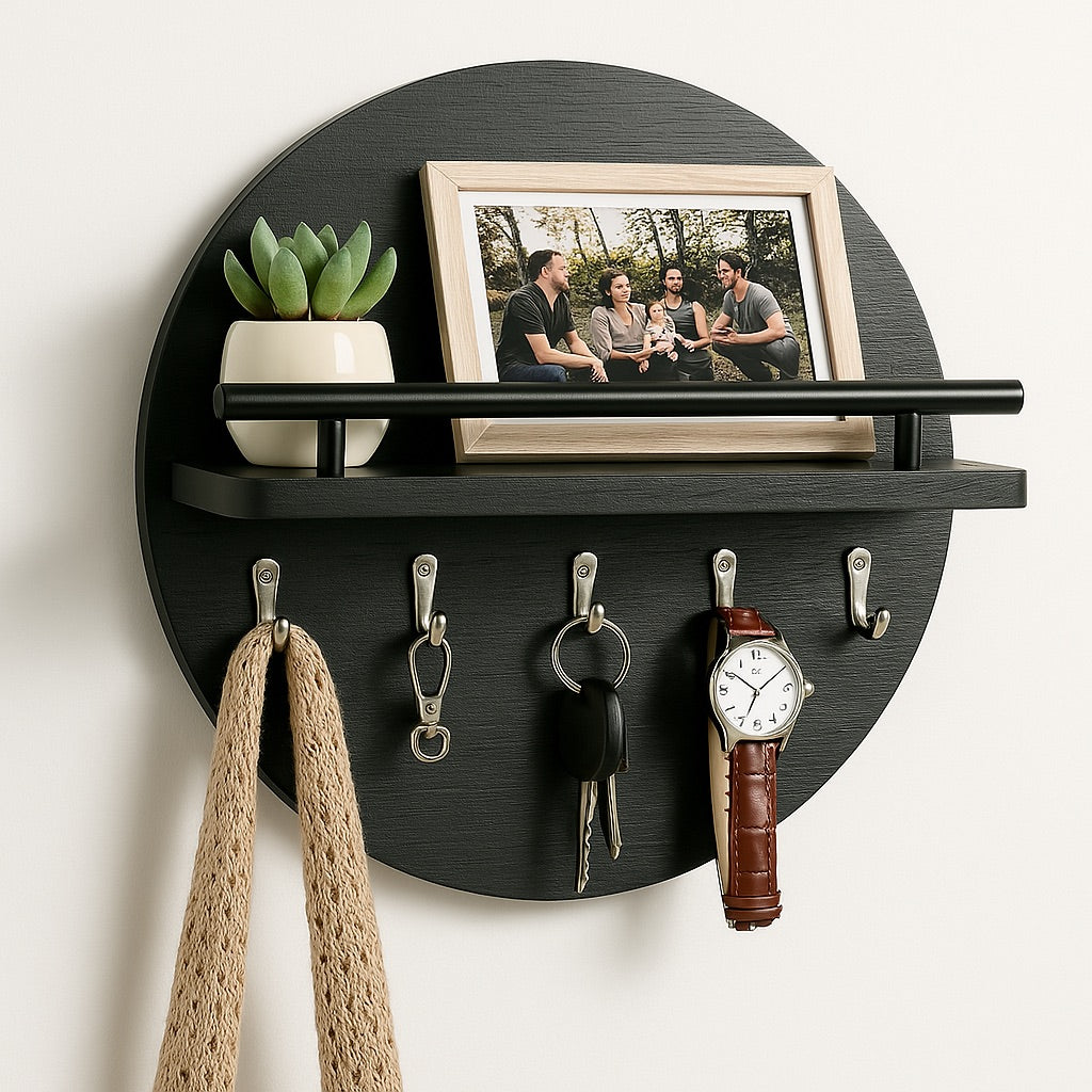 Round Wooden Key Holder Wall Mount Entryway Organizer Shelf Hooks