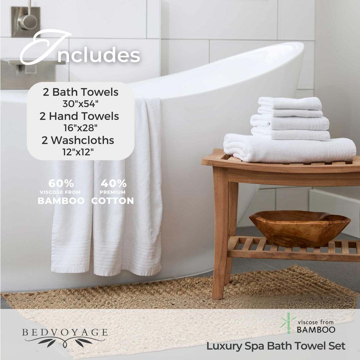 Bamboo Cotton Spa Towel Set - Viscose from Bamboo + Cotton - 6pc Set - Cloud
