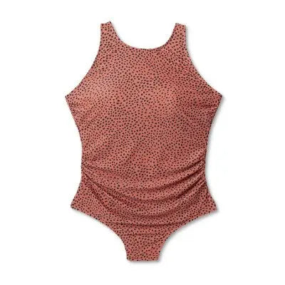 Spotted Print High Neck Ruched Full Coverage One Piece Swimsuit - Kona Sol