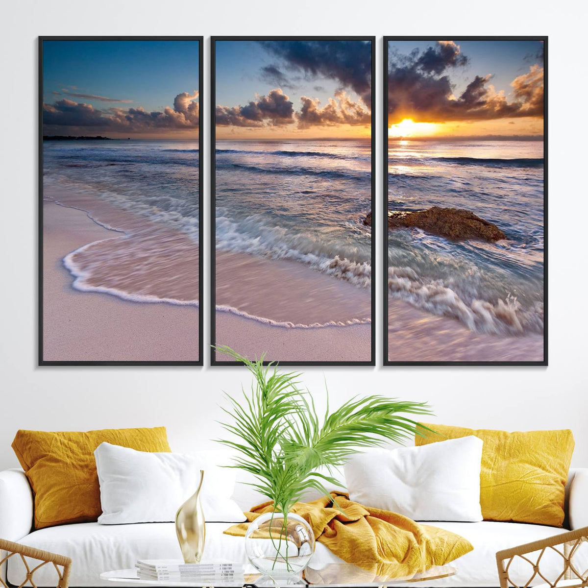 Sunset Beach Waves Canvas Wall Art – Triptych Ocean Print –