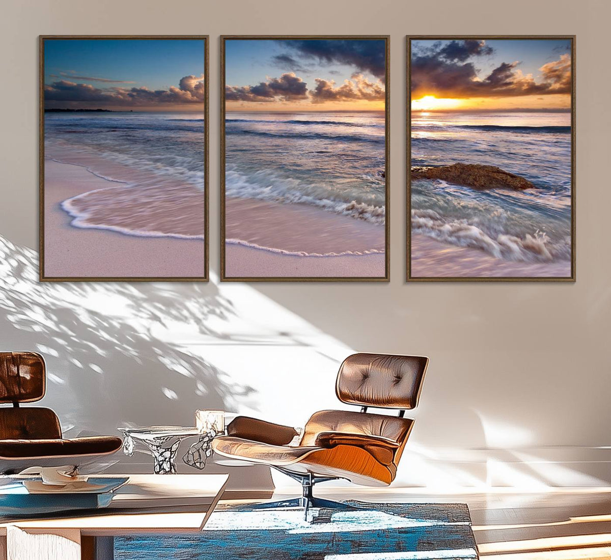 Sunset Beach Waves Canvas Wall Art – Triptych Ocean Print –