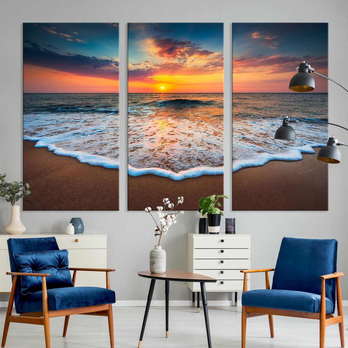 Sunset with Calm Waves on the Beach Wall Art Canvas Print