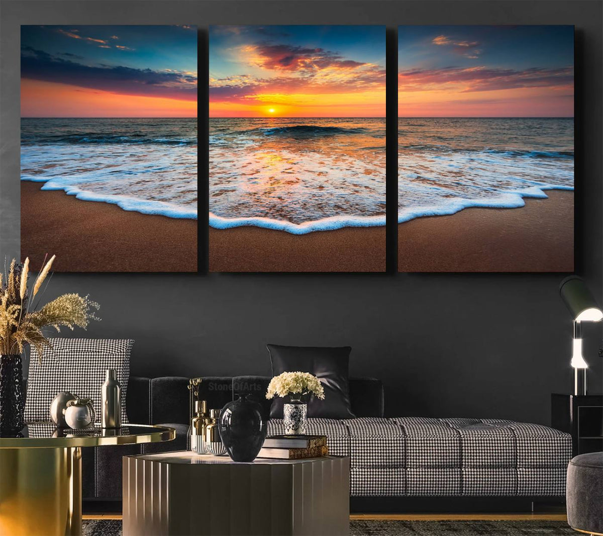 Sunset with Calm Waves on the Beach Wall Art Canvas Print