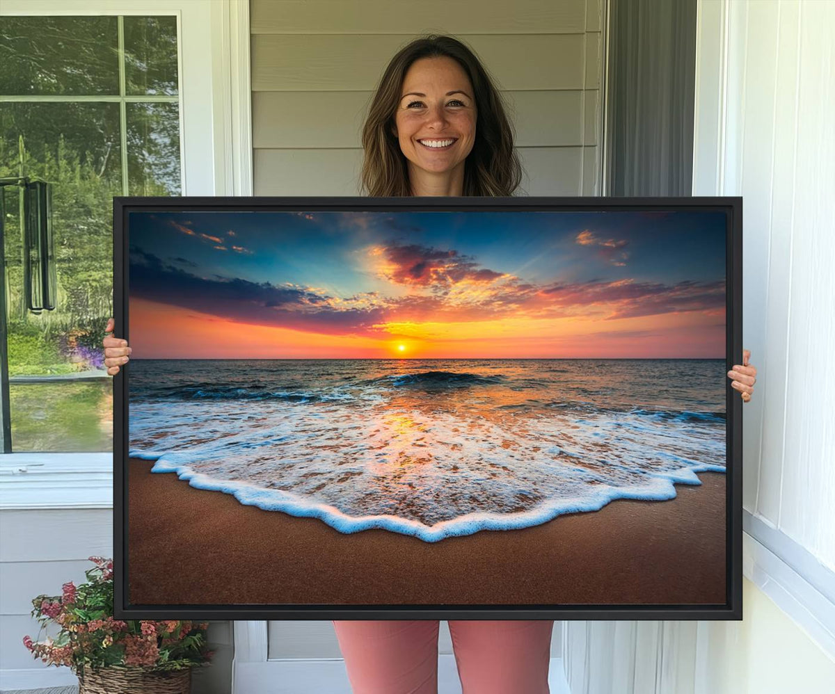 Sunset with Calm Waves on the Beach Wall Art Canvas Print