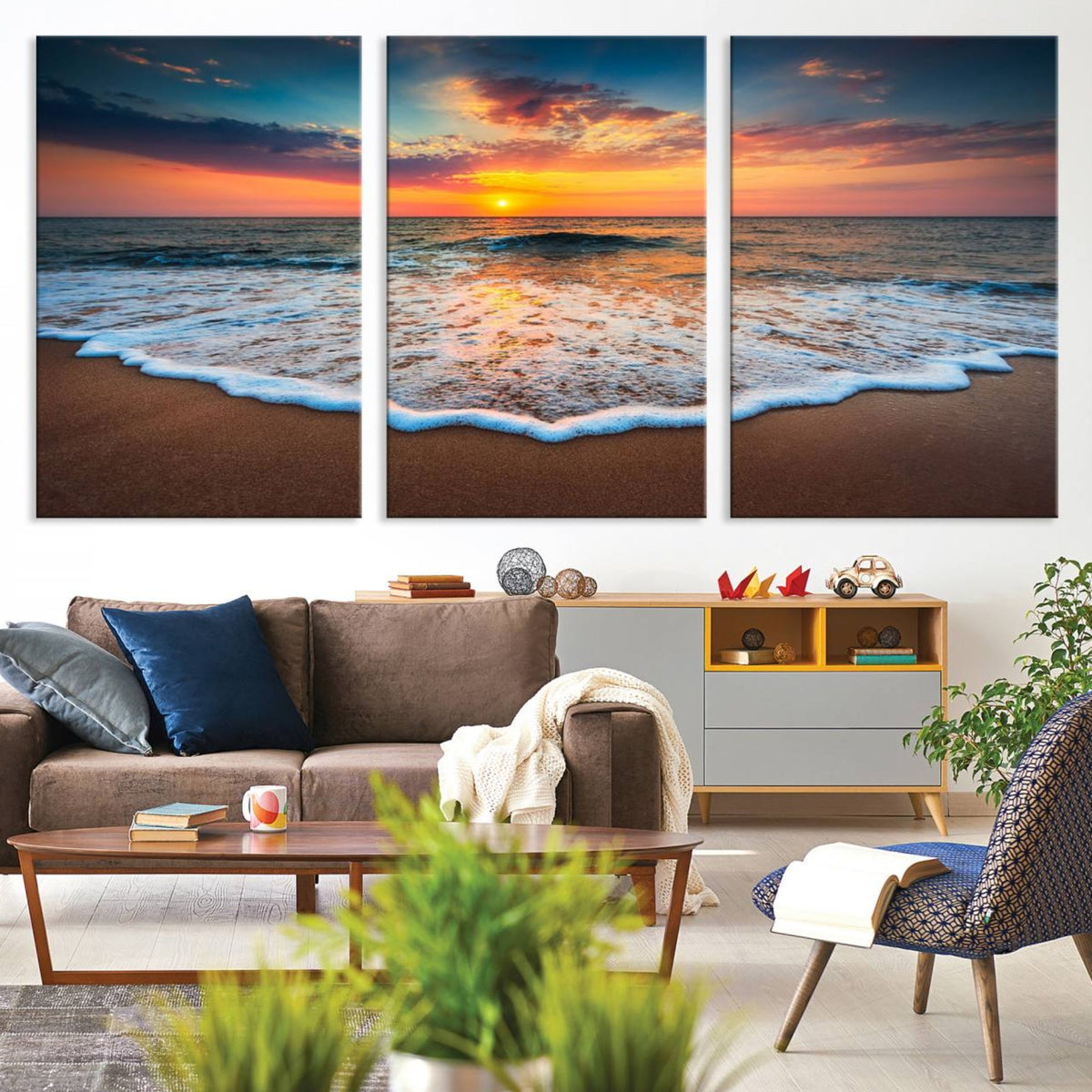 Sunset with Calm Waves on the Beach Wall Art Canvas Print