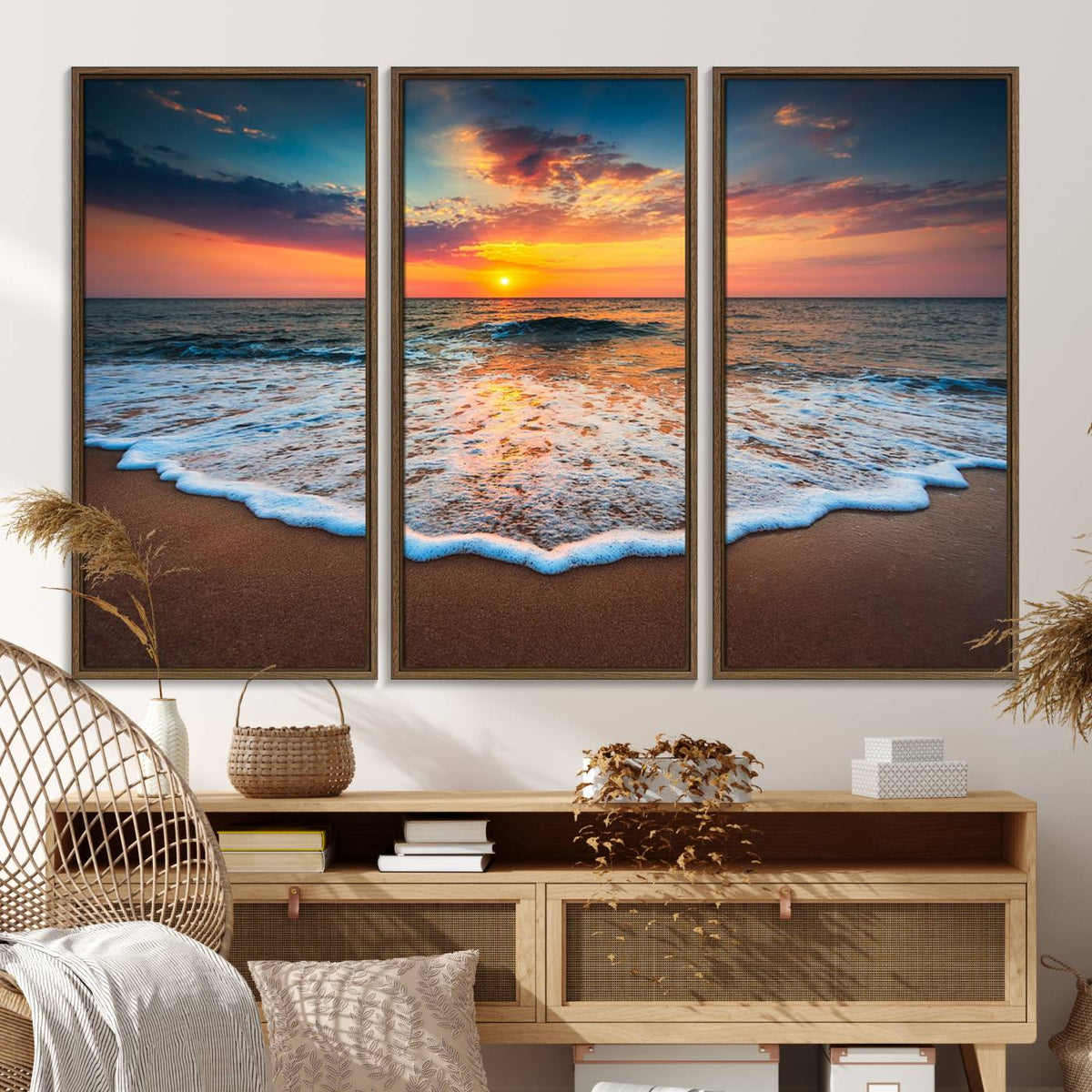 Sunset with Calm Waves on the Beach Wall Art Canvas Print