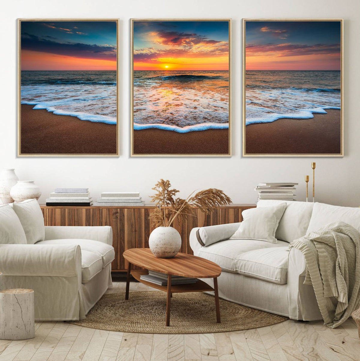 Sunset with Calm Waves on the Beach Wall Art Canvas Print