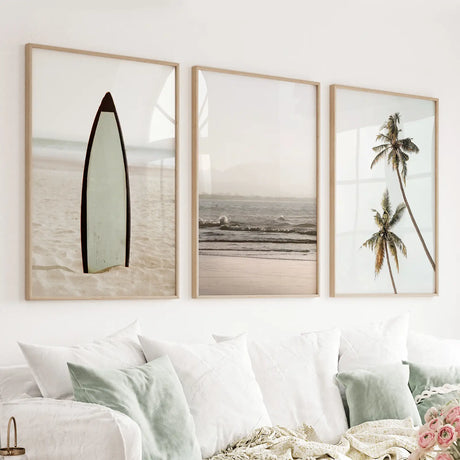 Beige-Tones-Coastal-Wall-Art.-Surfboard,-Ocean-Beach,-Palm-Wall-Art-Set