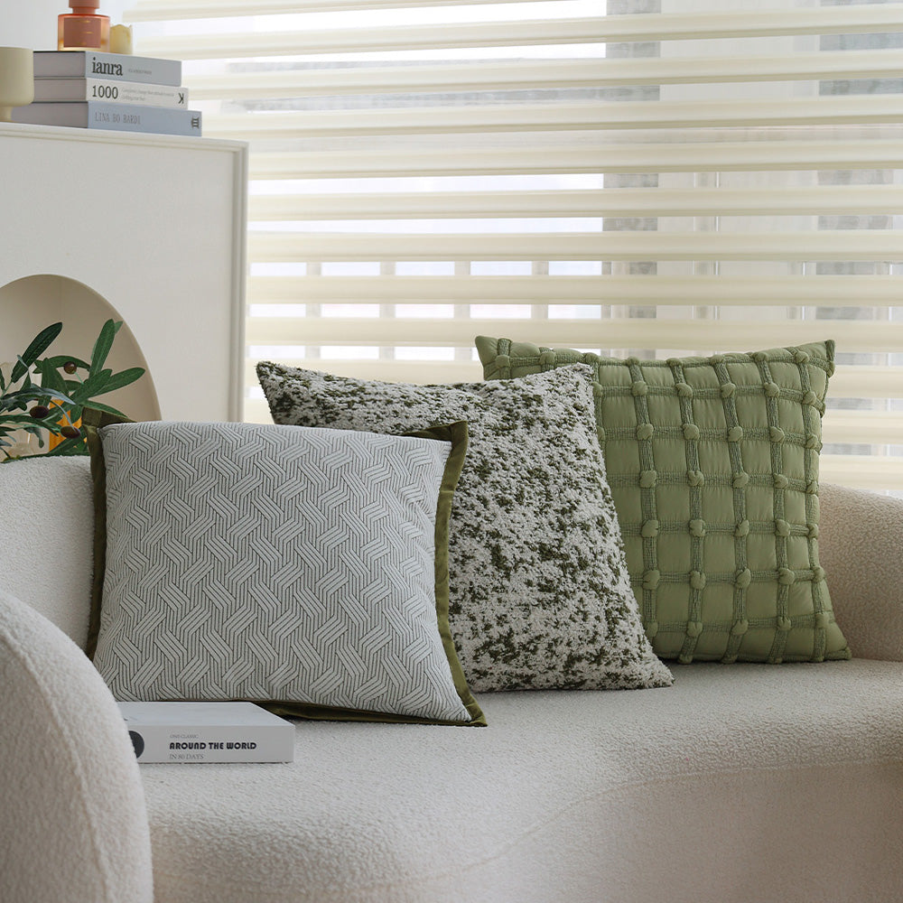 Set of 3 18"x18" square throw pillow herringbone trio neutral white & olive green accents | 3-piece collection