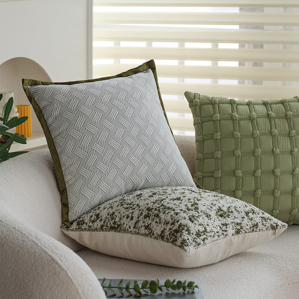 Set of 3 18"x18" square throw pillow herringbone trio neutral white & olive green accents | 3-piece collection