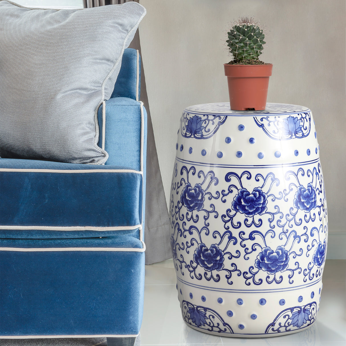 Lotus chinoiserie ceramic drum garden stool