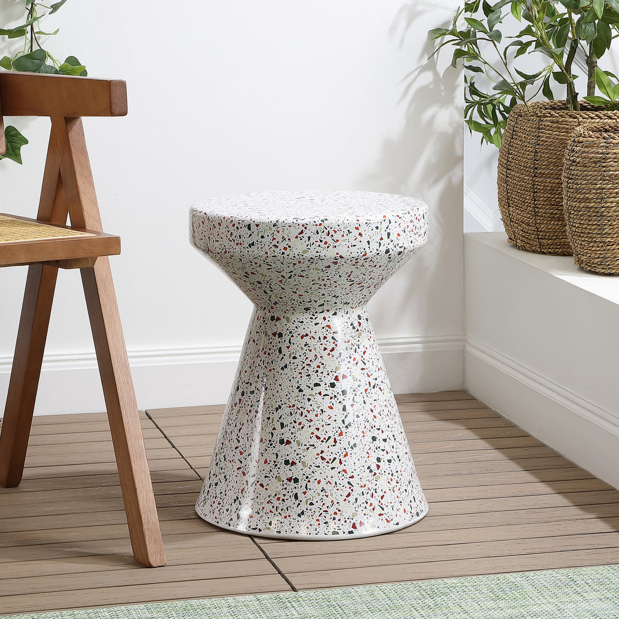 Xenia Modern Bohemian Terrazzo Indoor/Outdoor Drum Accent Table