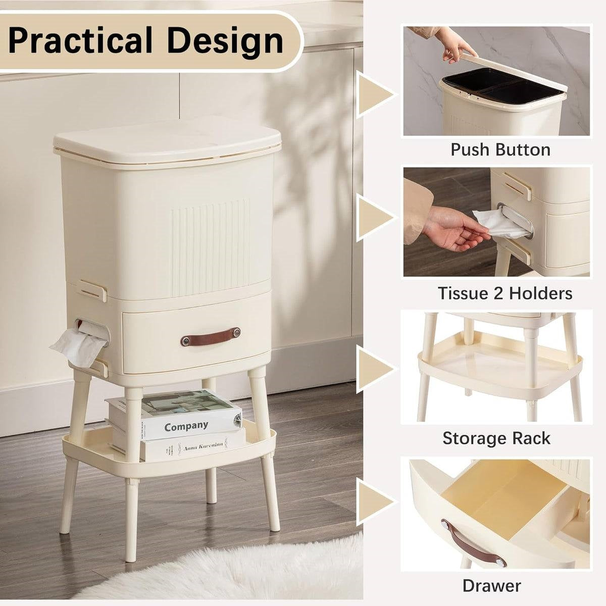 8 Gallon Elevated Trash Kitchen Can with Lid and Storage Shelf in Cream