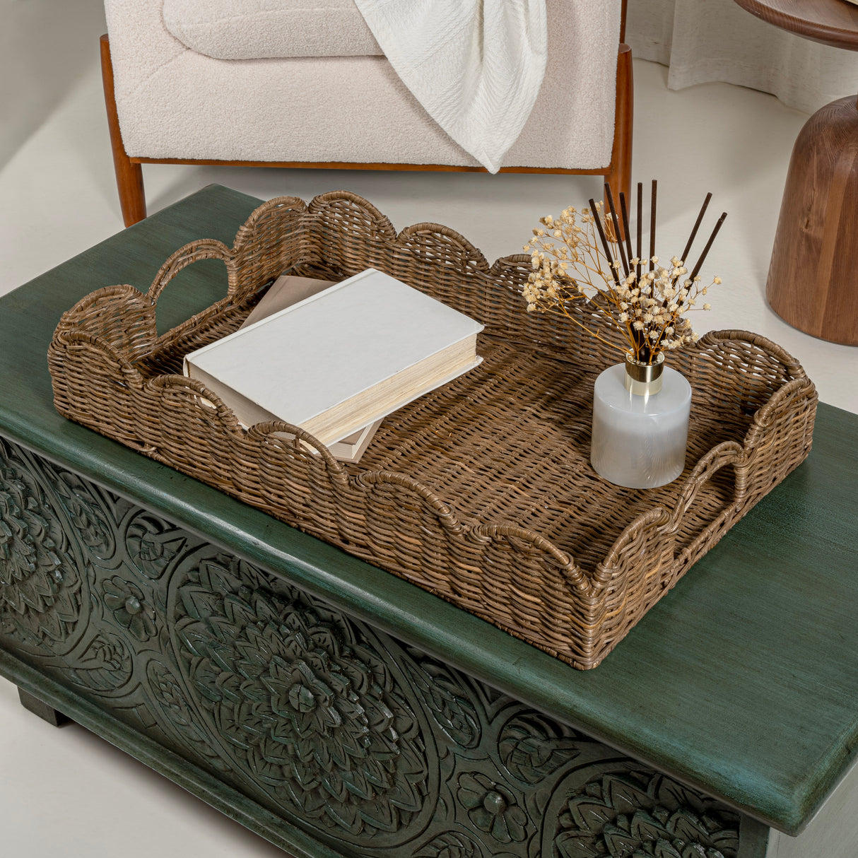 Scalloped Southwestern Cottage Hand-Woven Rattan Tray with Handles