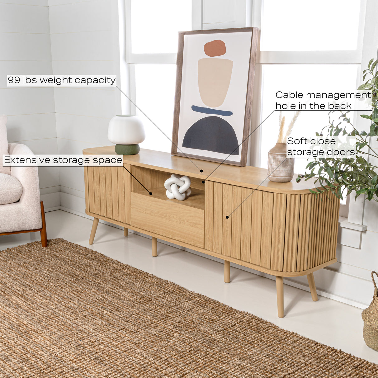 Damien Farmhouse Curved TV Stand with Drawer and Storage Doors Fits TVs up to 75 in. with Cable Management