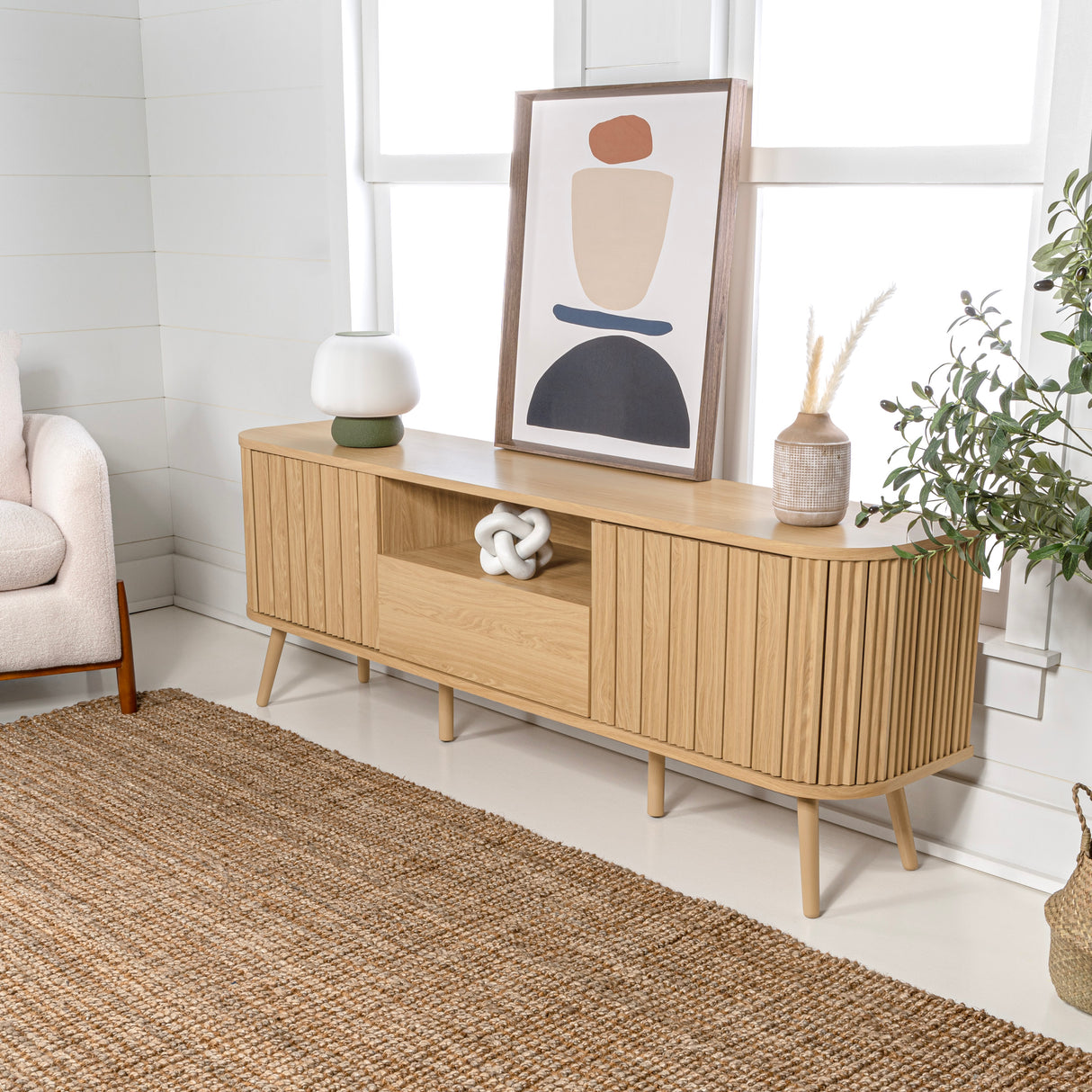 Damien Farmhouse Curved TV Stand with Drawer and Storage Doors Fits TVs up to 75 in. with Cable Management