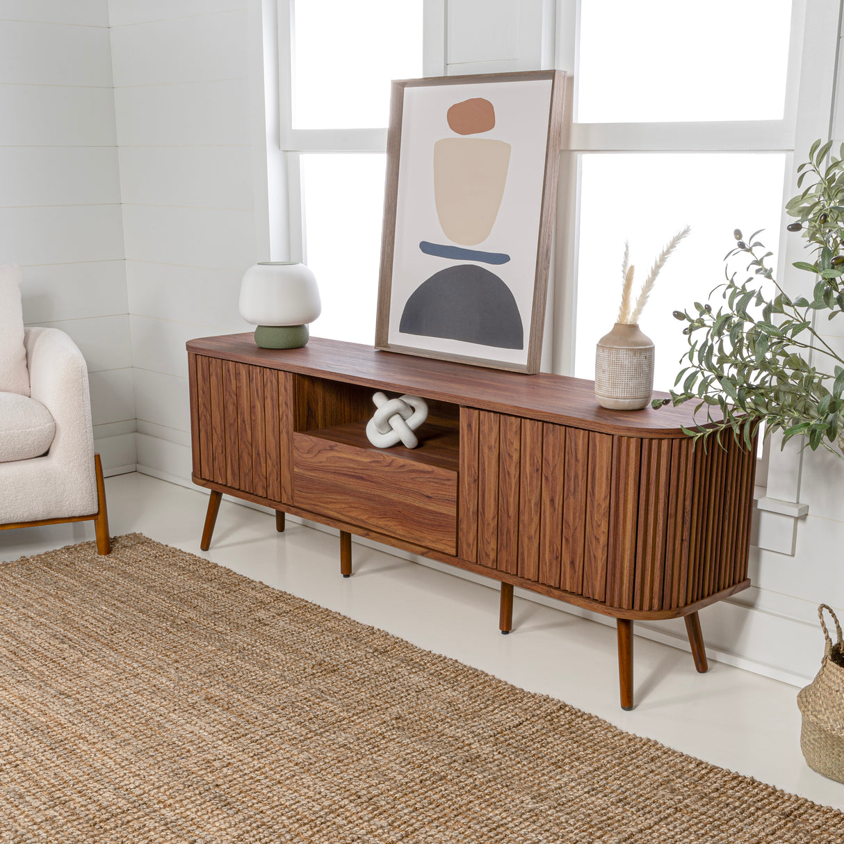 Damien Farmhouse Curved TV Stand with Drawer and Storage Doors Fits TVs up to 75 in. with Cable Management