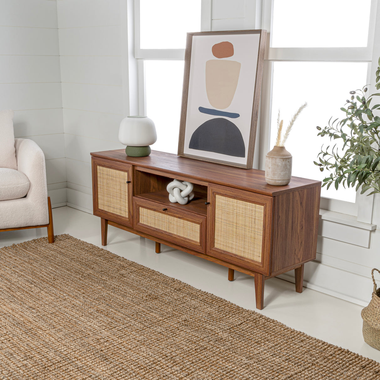 Finley Farmhouse Caned TV Stand with Drawer and Storage Doors Fits TVs up to 65 in. with Cable Management