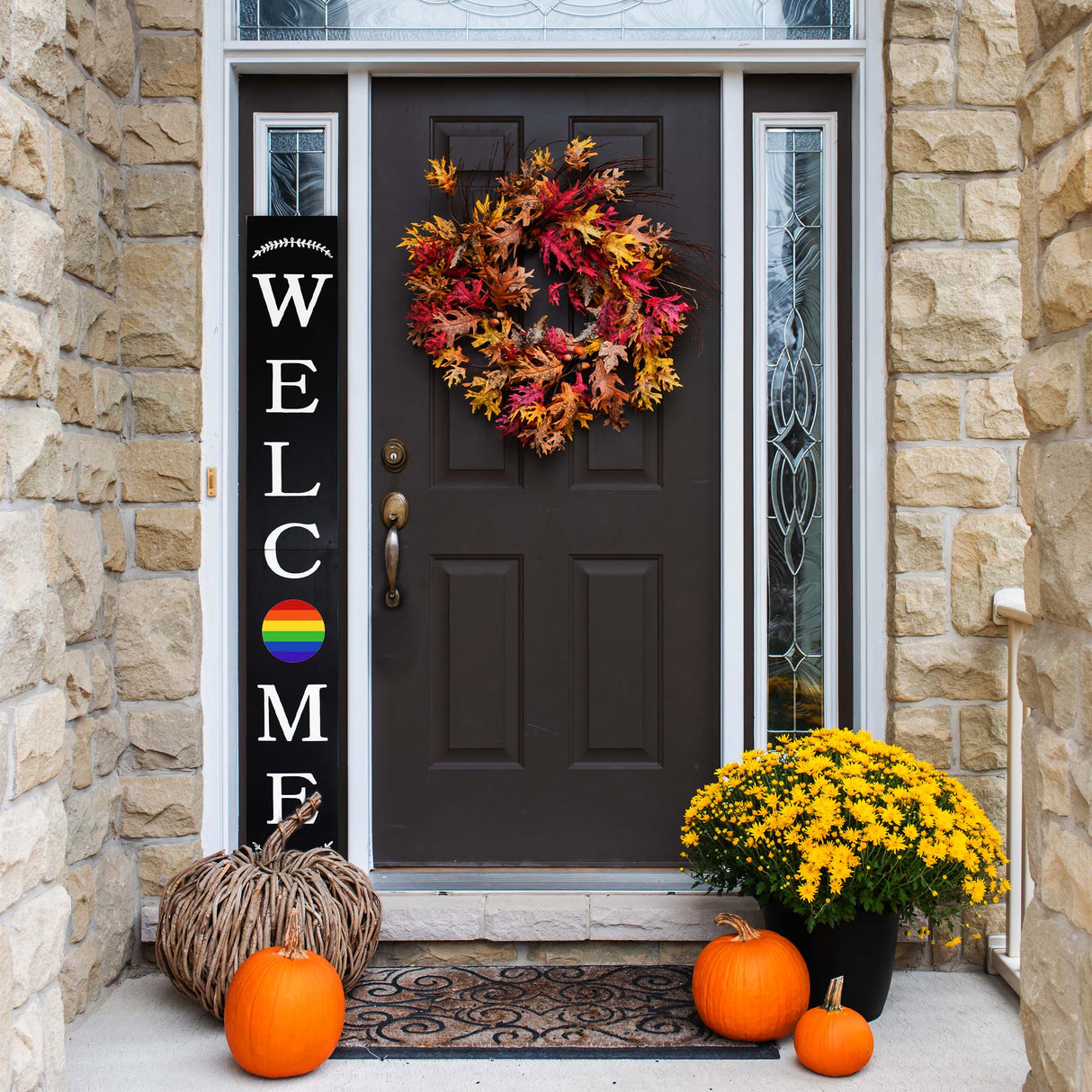 72in Outdoor Rainbow Modern Farmhouse Welcome Sign | Black Front Door Decor | LGBT Celebration Decor