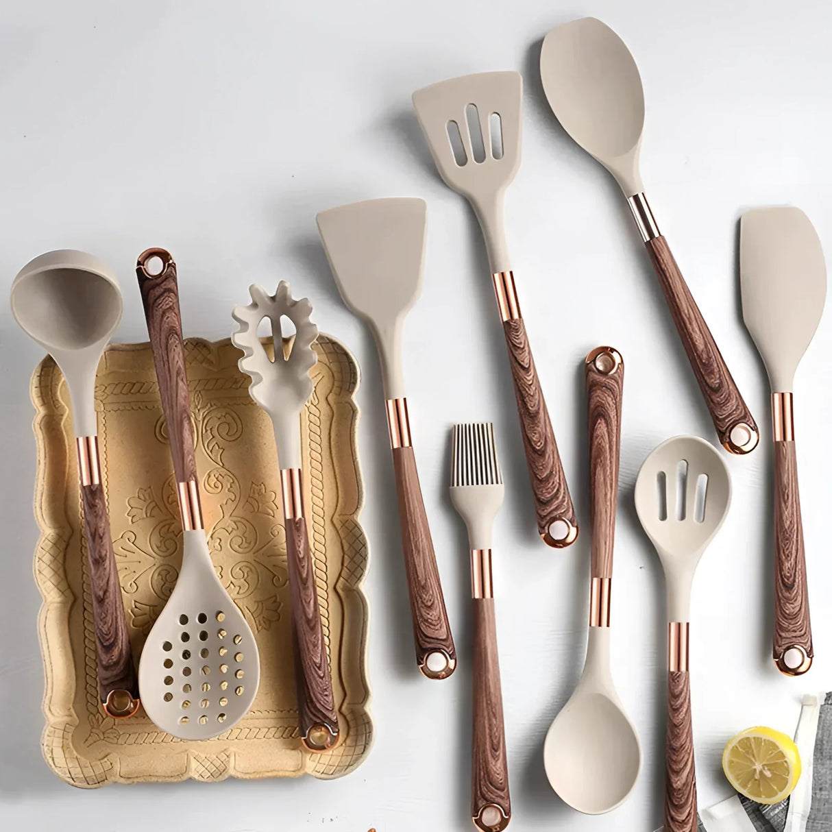 10-Piece Silicone Kitchen Utensil Set Copper Wood Handle Heat Resistant
