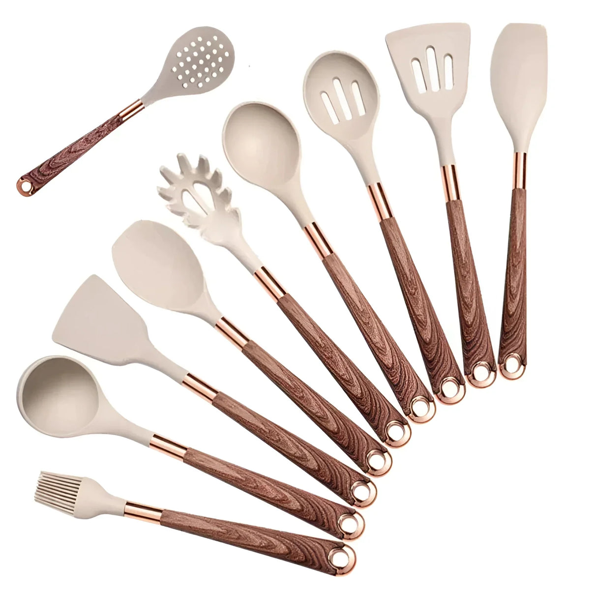 10-Piece Silicone Kitchen Utensil Set Copper Wood Handle Heat Resistant
