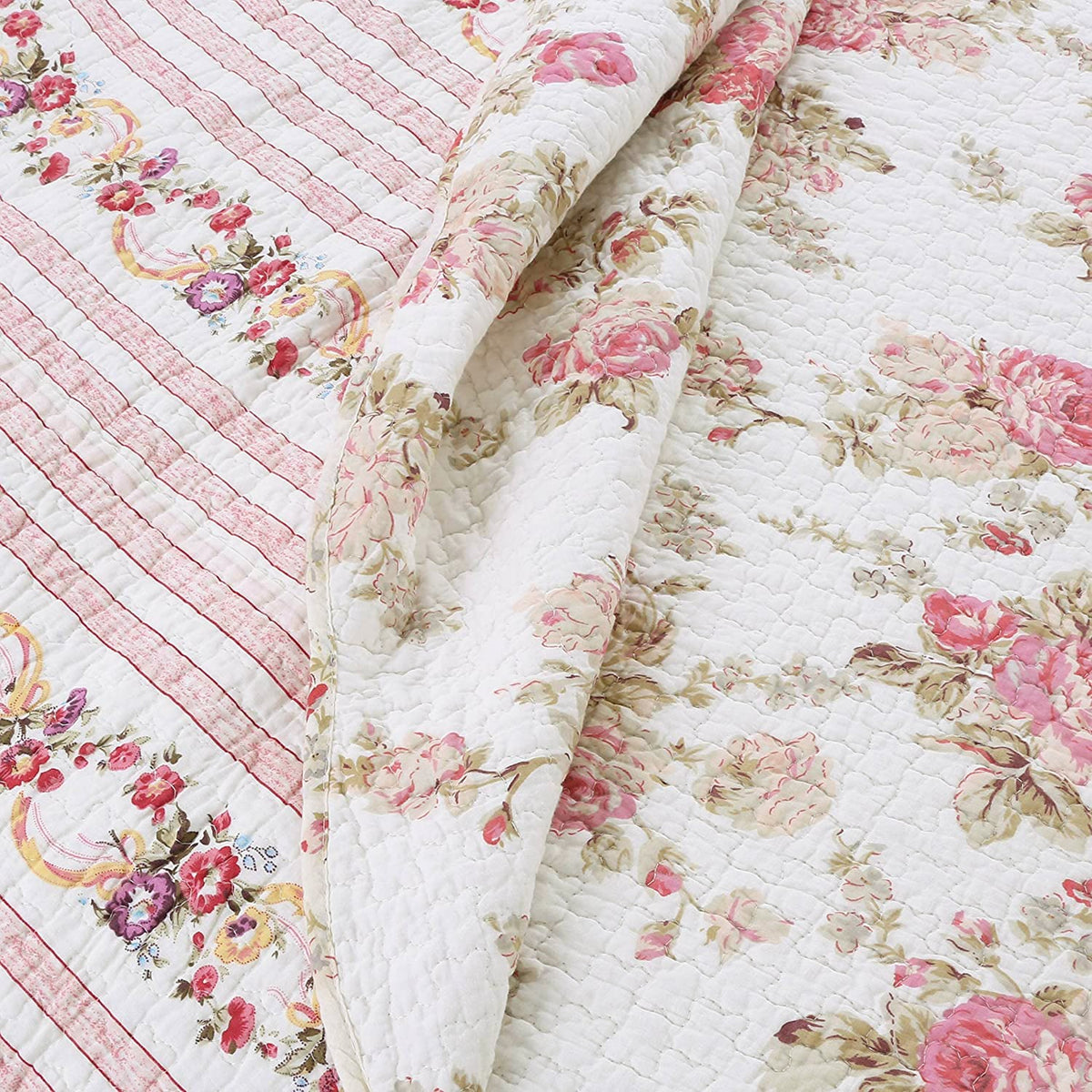 Spring Rose Floral Scalloped Cotton Quilted Reversible Decor Throw Blanket