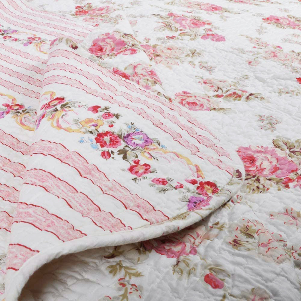 Spring Rose Floral Scalloped Cotton Quilted Reversible Decor Throw Blanket