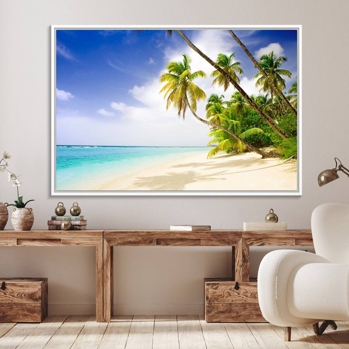 Tropical Beach Canvas Wall Art Print – Palm Trees and White