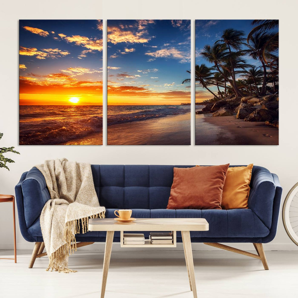 Tropical Beach Sunset Canvas Art, Palm Trees and Ocean Waves